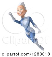 Clipart Of A 3d White Haired Caucasian Female Super Hero In A Blue Suit Flying Slightly Left And Upwards Royalty Free Vector Illustration by Julos