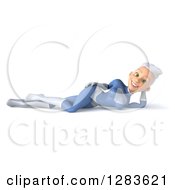 Clipart Of A 3d White Haired Caucasian Female Super Hero In A Blue Suit Resting On Her Side Royalty Free Vector Illustration