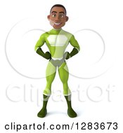 Clipart Of A 3d Young Black Male Super Hero In A Green Suit With His Hands On His Hips Royalty Free Vector Illustration by Julos