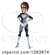Clipart Of A 3d Bespectacled Brunette White Female Super Hero In A Black And White Suit Standing With Hands On Her Hips Royalty Free Vector Illustration by Julos