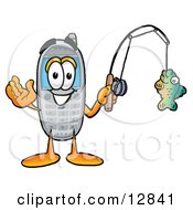Clipart Picture Of A Wireless Cellular Telephone Mascot Cartoon Character Holding A Fish On A Fishing Pole