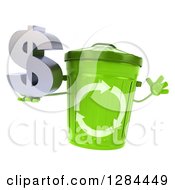 Clipart Of A 3d Recycle Bin Character Jumping And Holding A Dollar Currency Symbol Royalty Free Illustration