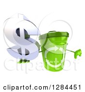 Clipart Of A 3d Recycle Bin Character Holding Up A Dollar Currency Symbol And A Thumb Down Royalty Free Illustration
