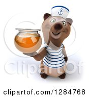 Clipart Of A 3d Brown Sailor Bear Holding Up A Honey Jar Royalty Free Illustration