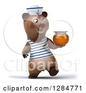 Clipart Of A 3d Brown Sailor Bear Walking With A Honey Jar Royalty Free Illustration