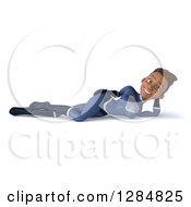 Clipart Of A 3d Young Black Female Super Hero Blue Suit Resting On Her Side Royalty Free Illustration