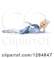 Clipart Of A 3d White Haired Caucasian Female Super Hero In A Blue Suit Resting On Her Side And Presenting Royalty Free Illustration by Julos