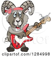 Poster, Art Print Of Cartoon Happy Bighorn Sheep Playing An Electric Guitar