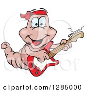 Clipart Of A Cartoon Happy Earthworm Playing An Electric Guitar Royalty Free Vector Illustration