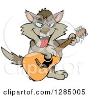 Poster, Art Print Of Cartoon Happy Wolf Playing An Acoustic Guitar