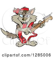 Clipart Of A Cartoon Happy Wolf Playing An Electric Guitar Royalty Free Vector Illustration
