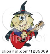 Poster, Art Print Of Cartoon Happy Witch Playing An Acoustic Guitar