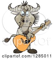 Poster, Art Print Of Cartoon Happy Wildebeest Playing An Acoustic Guitar