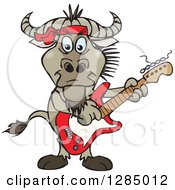 Poster, Art Print Of Cartoon Happy Wildebeest Playing An Electric Guitar
