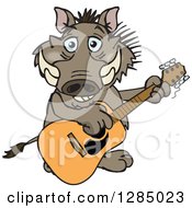 Cartoon Happy Warthog Playing An Acoustic Guitar