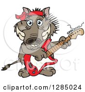 Cartoon Happy Warthog Playing An Electric Guitar