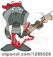 Poster, Art Print Of Cartoon Happy Walrus Playing An Electric Guitar