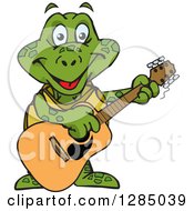 Poster, Art Print Of Cartoon Happy Sea Turtle Playing An Acoustic Guitar