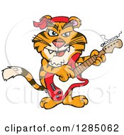 Clipart Of A Cartoon Happy Tiger Playing An Electric Guitar Royalty Free Vector Illustration