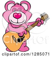 Poster, Art Print Of Cartoon Happy Pink Teddy Bear Playing An Acoustic Guitar