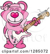 Poster, Art Print Of Cartoon Happy Pink Teddy Bear Playing An Electric Guitar