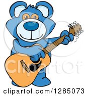 Poster, Art Print Of Cartoon Happy Blue Teddy Bear Playing An Acoustic Guitar