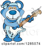 Poster, Art Print Of Cartoon Happy Blue Teddy Bear Playing An Electric Guitar
