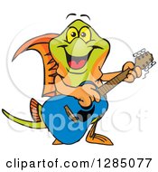 Poster, Art Print Of Cartoon Happy Swordtail Fish Playing An Acoustic Guitar