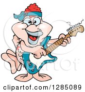 Clipart Of A Cartoon Happy Pink Goldfish Playing An Electric Guitar Royalty Free Vector Illustration