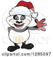 Clipart Of A Friendly Waving Panda Wearing A Christmas Santa Hat Royalty Free Vector Illustration