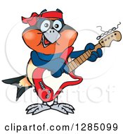 Clipart Of A Cartoon Happy Swallow Bird Playing An Electric Guitar Royalty Free Vector Illustration