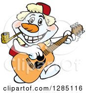 Poster, Art Print Of Cartoon Happy Snowman Smoking A Pipe And Playing An Acoustic Guitar