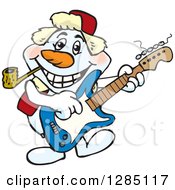Clipart Of A Cartoon Happy Snowman Smoking A Pipe And Playing An Electric Guitar Royalty Free Vector Illustration
