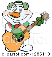 Clipart Of A Cartoon Happy Snowman Smoking A Pipe And Playing An Acoustic Guitar Royalty Free Vector Illustration