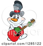 Poster, Art Print Of Cartoon Happy Snowman Wearing A Top Hat And Playing An Acoustic Guitar