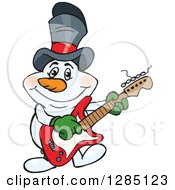 Poster, Art Print Of Cartoon Happy Snowman Wearing A Top Hat And Playing An Electric Guitar