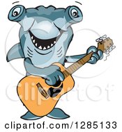 Poster, Art Print Of Cartoon Happy Hammerhead Shark Playing An Acoustic Guitar