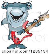 Poster, Art Print Of Cartoon Happy Hammerhead Shark Playing An Electric Guitar