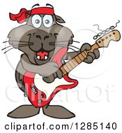 Poster, Art Print Of Cartoon Happy Sea Lion Playing An Electric Guitar