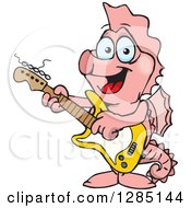 Poster, Art Print Of Cartoon Happy Pink Seahorse Playing An Electric Guitar