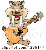 Poster, Art Print Of Cartoon Happy Saber Toothed Tiger Playing An Acoustic Guitar