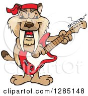 Poster, Art Print Of Cartoon Happy Saber Toothed Tiger Playing An Electric Guitar