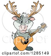 Poster, Art Print Of Cartoon Happy Reindeer Playing An Acoustic Guitar