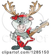 Clipart Of A Cartoon Happy Reindeer Playing An Electric Guitar Royalty Free Vector Illustration