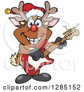 Clipart Of A Cartoon Happy Red Nosed Rudolph Christmas Reindeer Playing An Electric Guitar Royalty Free Vector Illustration