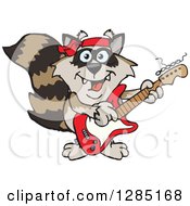 Clipart Of A Cartoon Happy Raccoon Playing An Electric Guitar Royalty Free Vector Illustration by Dennis Holmes Designs