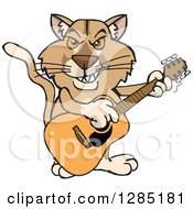 Poster, Art Print Of Cartoon Happy Puma Cougar Playing An Acoustic Guitar