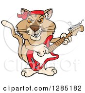 Poster, Art Print Of Cartoon Happy Puma Cougar Playing An Electric Guitar