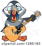 Cartoon Happy Puffin Bird Playing An Acoustic Guitar