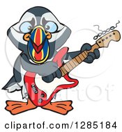 Cartoon Happy Puffin Bird Playing An Electric Guitar
